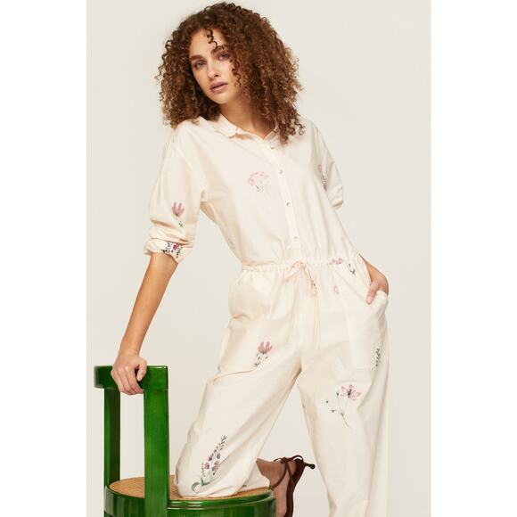 SPLENDID White Bloom Speckled Tie Waist Oversized Button Front Jumpsuit Size L - Picture 3 of 11